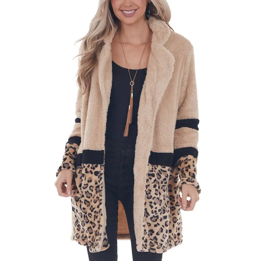 Women Leopard Print Splicing Coat Open Front Long Sleeves Turn Down Collar Casual Plush Jacket Khaki L