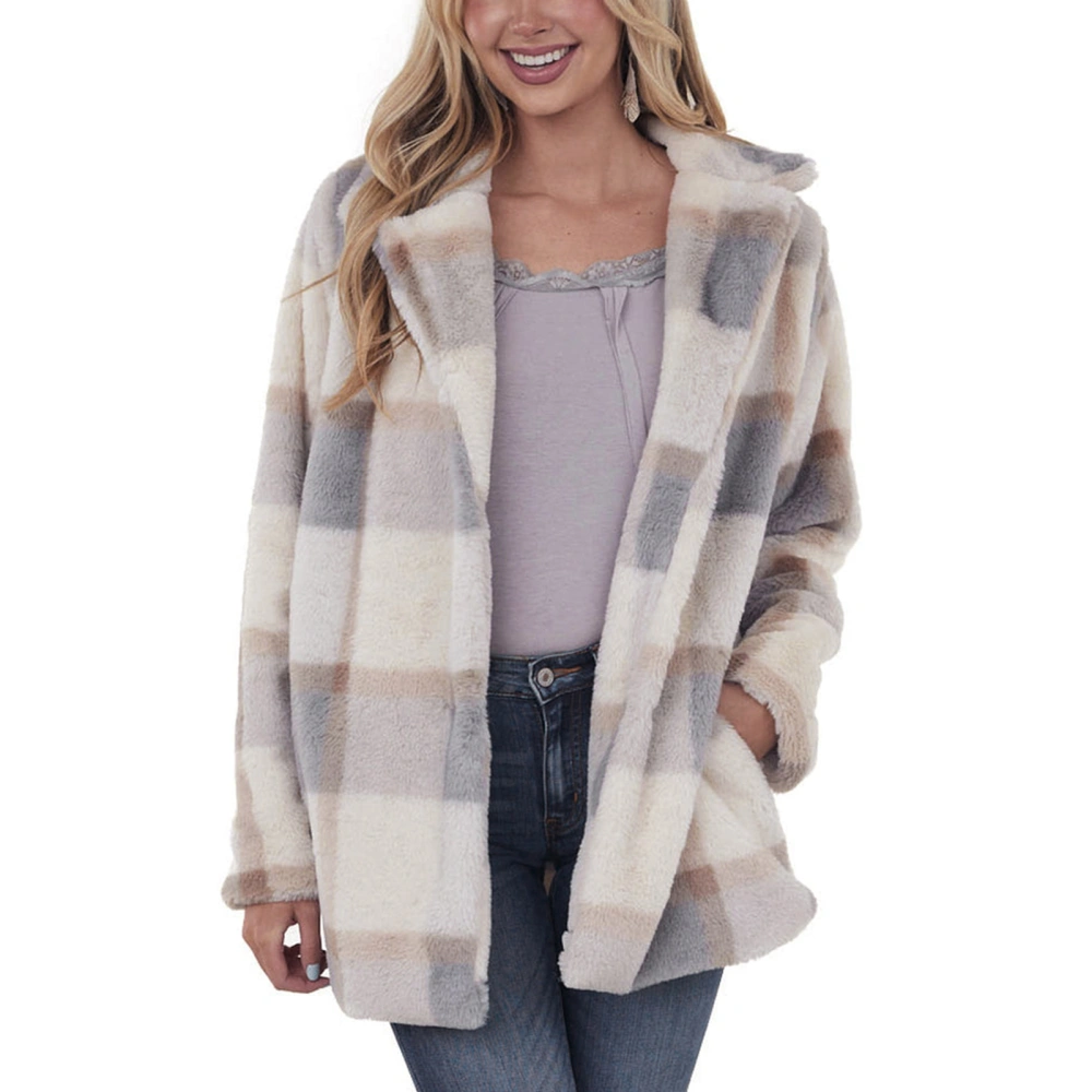 Long Sleeve Plaid Jacket Turn Down Collar Casual Stylish Plaid Shacket for Women for Anniversary Daily Wear Beige S