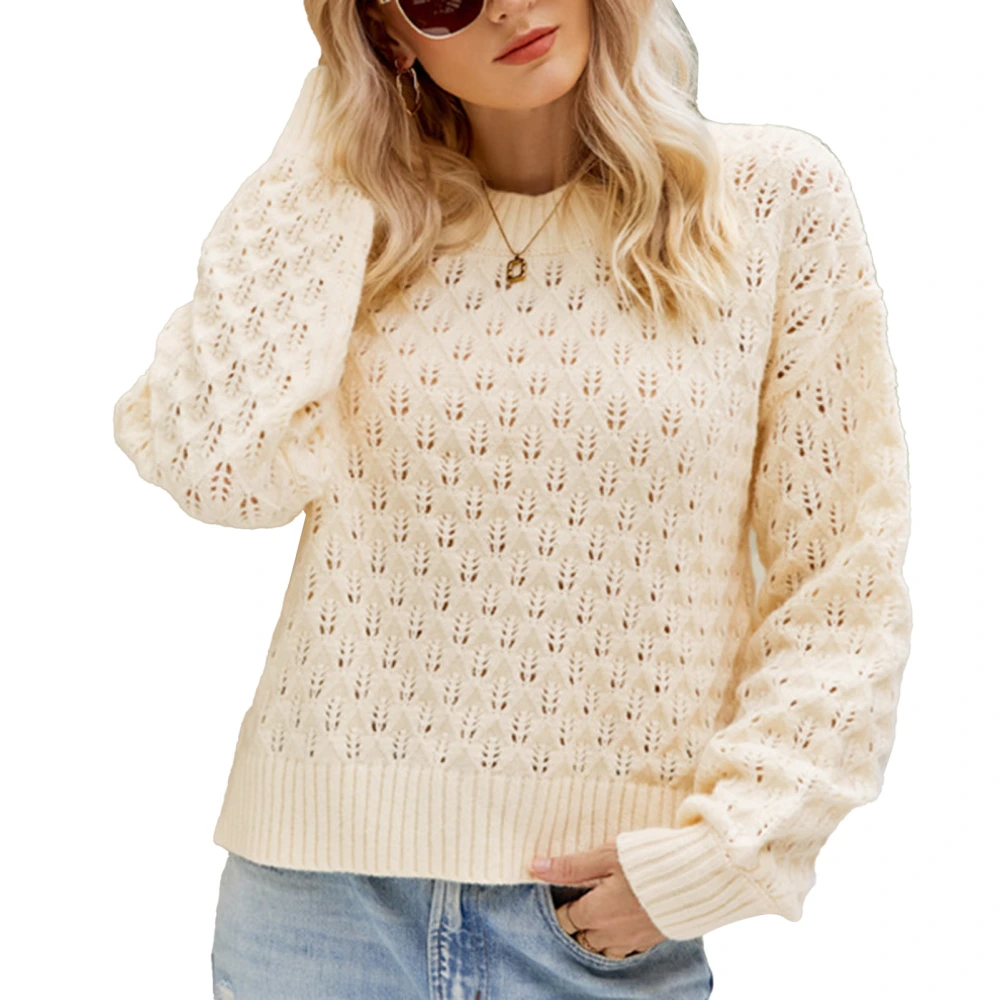 Pullover Long Sleeve Round Collar Loose Comfortable Skin Friendly Polyester Hollow Sweater for Autumn Winter Beige M