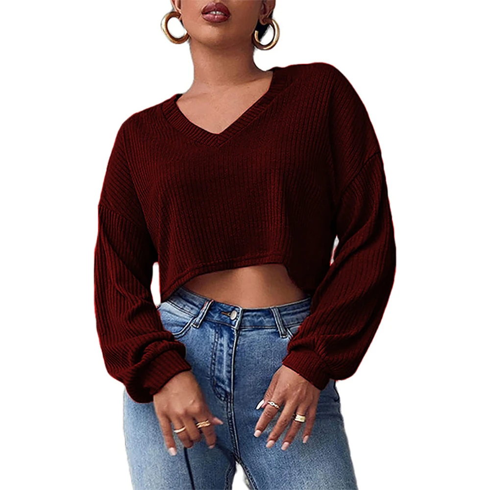 Women Short Sweatshirt V Neck Drop Shoulder Long Sleeves Navel Exposed Plain Pattern Loose Casual Short Pullover Top Wine Red S