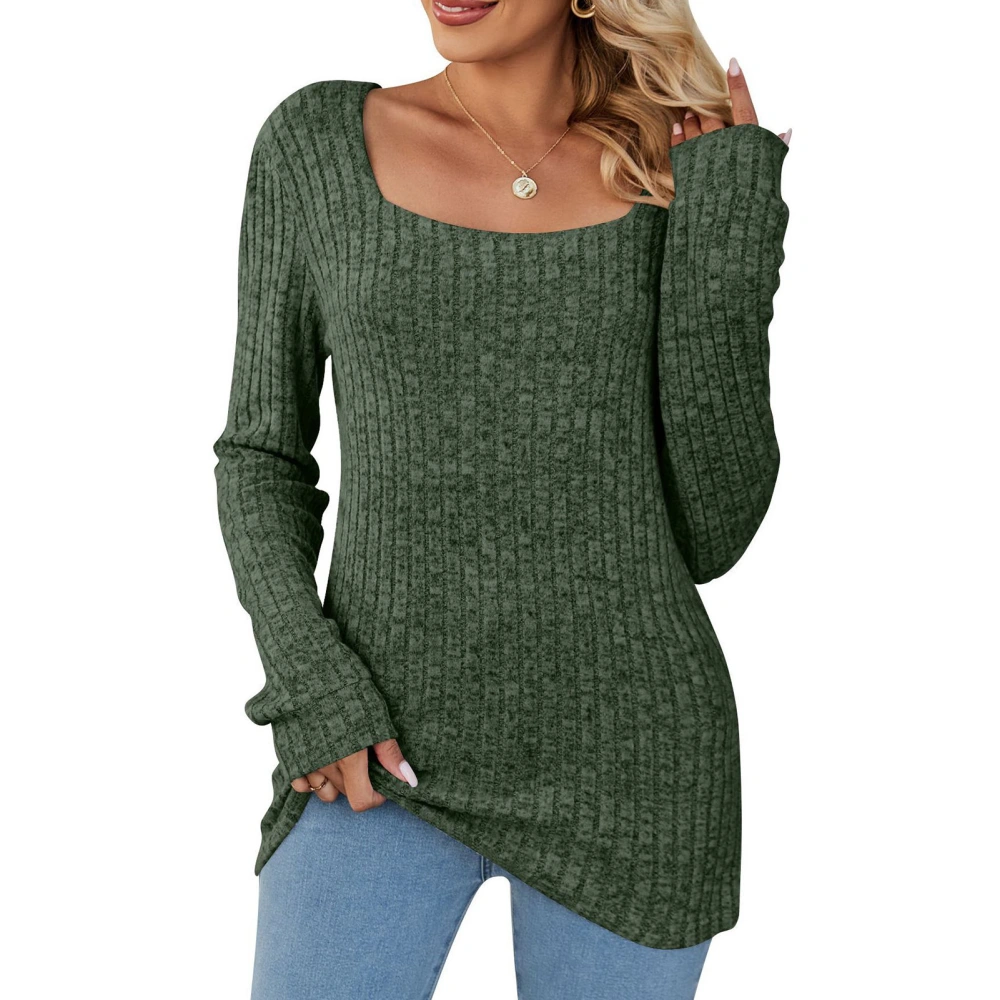 Women Top Ribbed Knit Long Sleeve Scoop Neck Stretchy Pure Color Pullover Tunic Top OD Green S