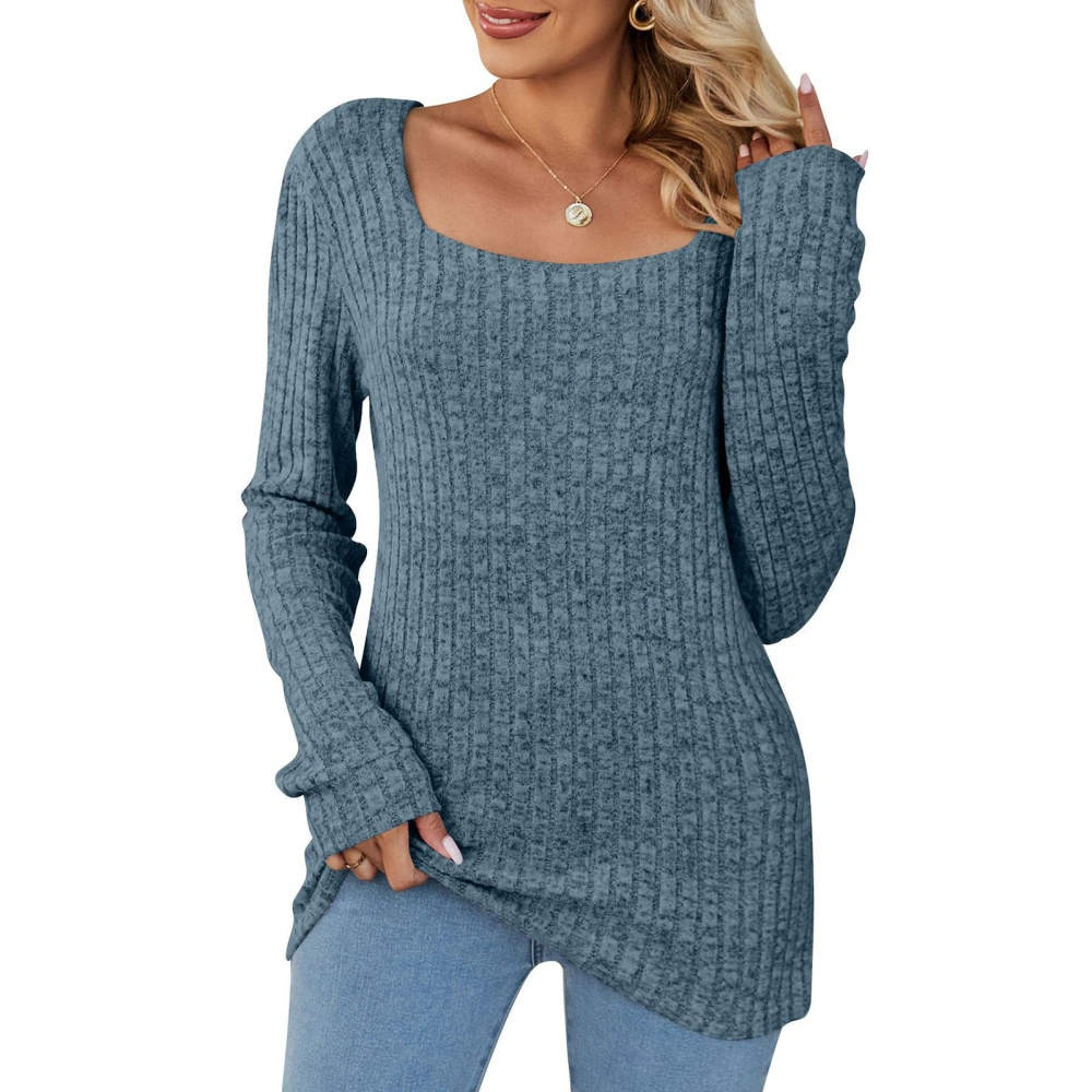 Women Top Ribbed Knit Long Sleeve Scoop Neck Stretchy Pure Color Pullover Tunic Top Blue XL