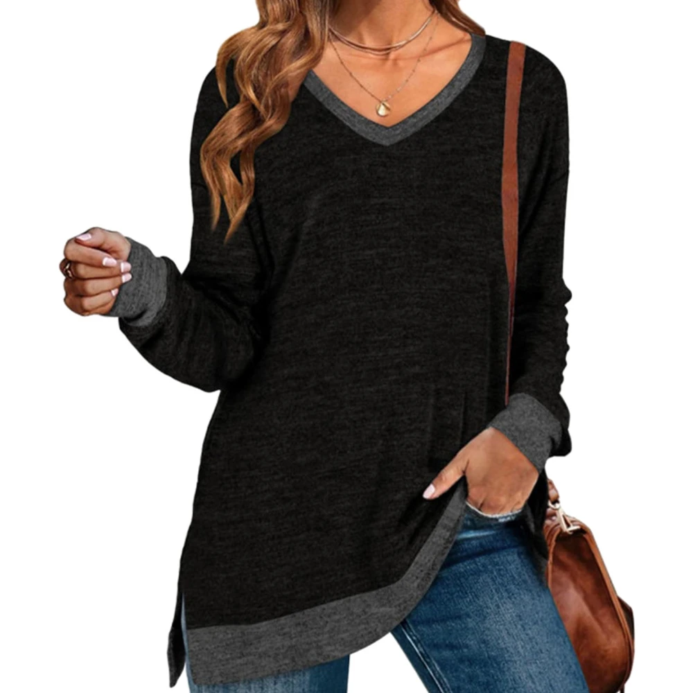 Split Color Block Shirt V Neck Long Sleeve Casual Loose Soft Side Split Pullover Shirt for Women Black L