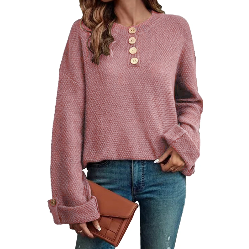 Sweater Button Collar Drop Shoulder Long Sleeves Solid Color Knit Comfortable Pullover Pink M