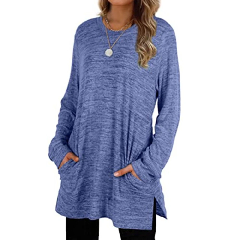 Women Long Sleeve Loose Tops Autumn Winter Stylish Casual Pockets Mid Length Women Round Neck T Shirts Blue M