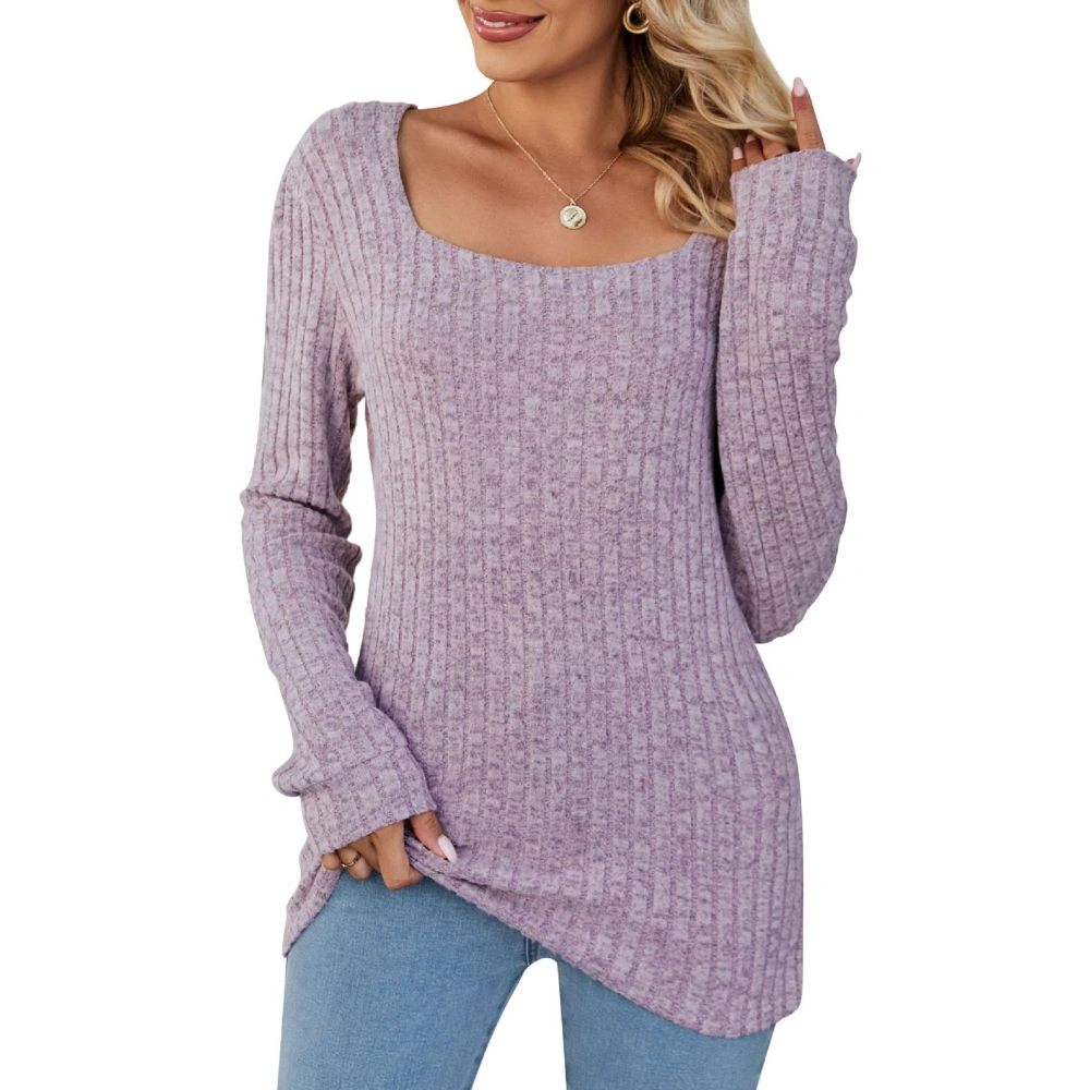 Women Top Ribbed Knit Long Sleeve Scoop Neck Stretchy Pure Color Pullover Tunic Top Pink XXL