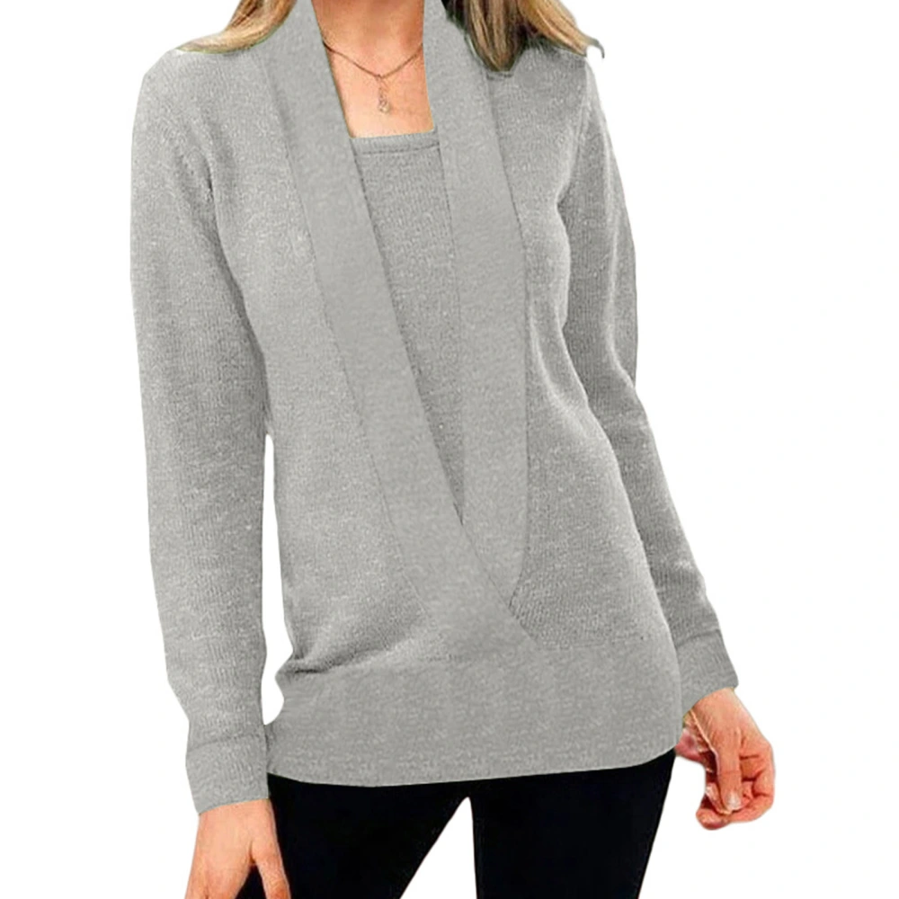 2 in 1 Long Sleeve Shirt Casual Pure Color Loose Soft Elegant Comfortable Pullover Blouse for Women Grey S