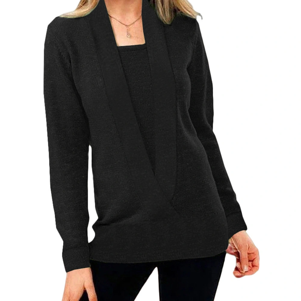 2 in 1 Long Sleeve Shirt Casual Pure Color Loose Soft Elegant Comfortable Pullover Blouse for Women Black 3XL