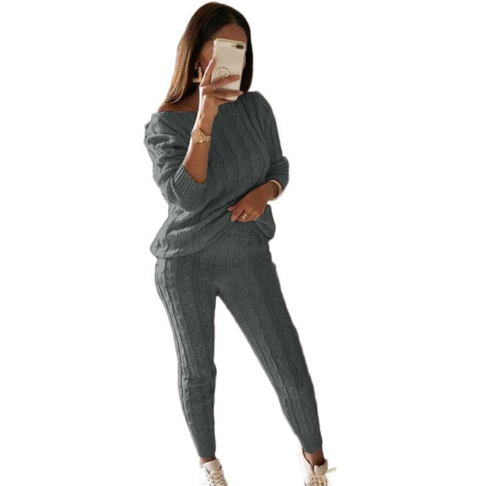 Women 2 Piece Outfits Sweater Sets Pure Color Long Sleeve Pullover Sweater Top and Elastic Long Pants for Fall Winter Grey L