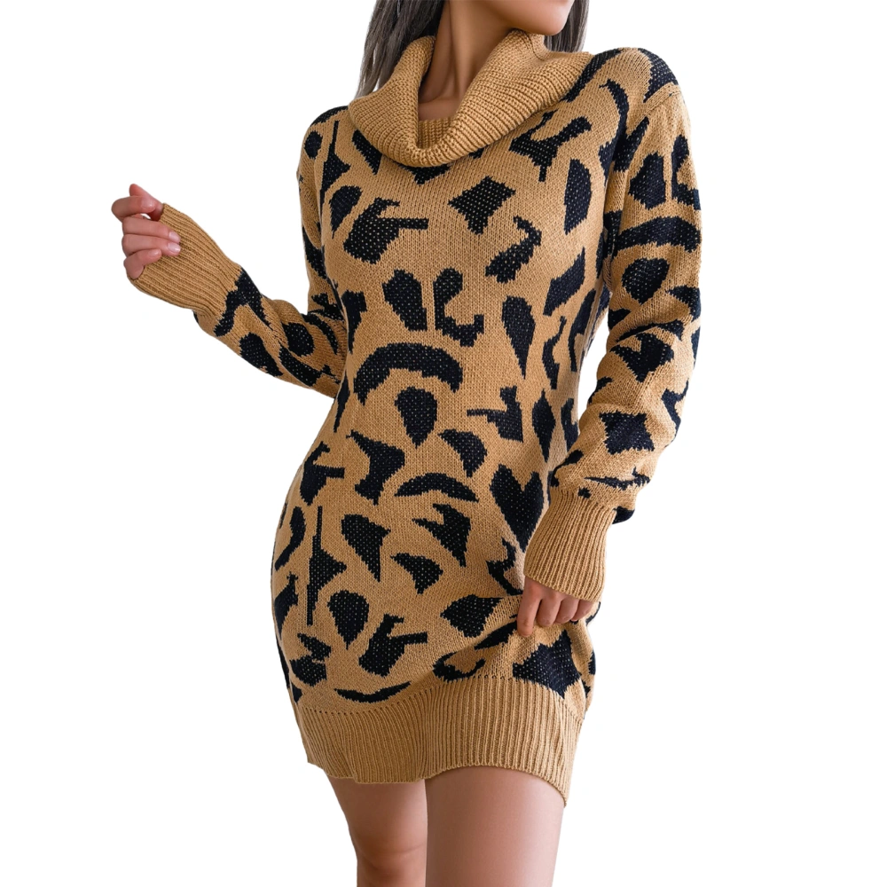 Sweater Dress High Neck Leopard Print Long Sleeves Bodycon Casual Knit Women Winter Dress Khaki M