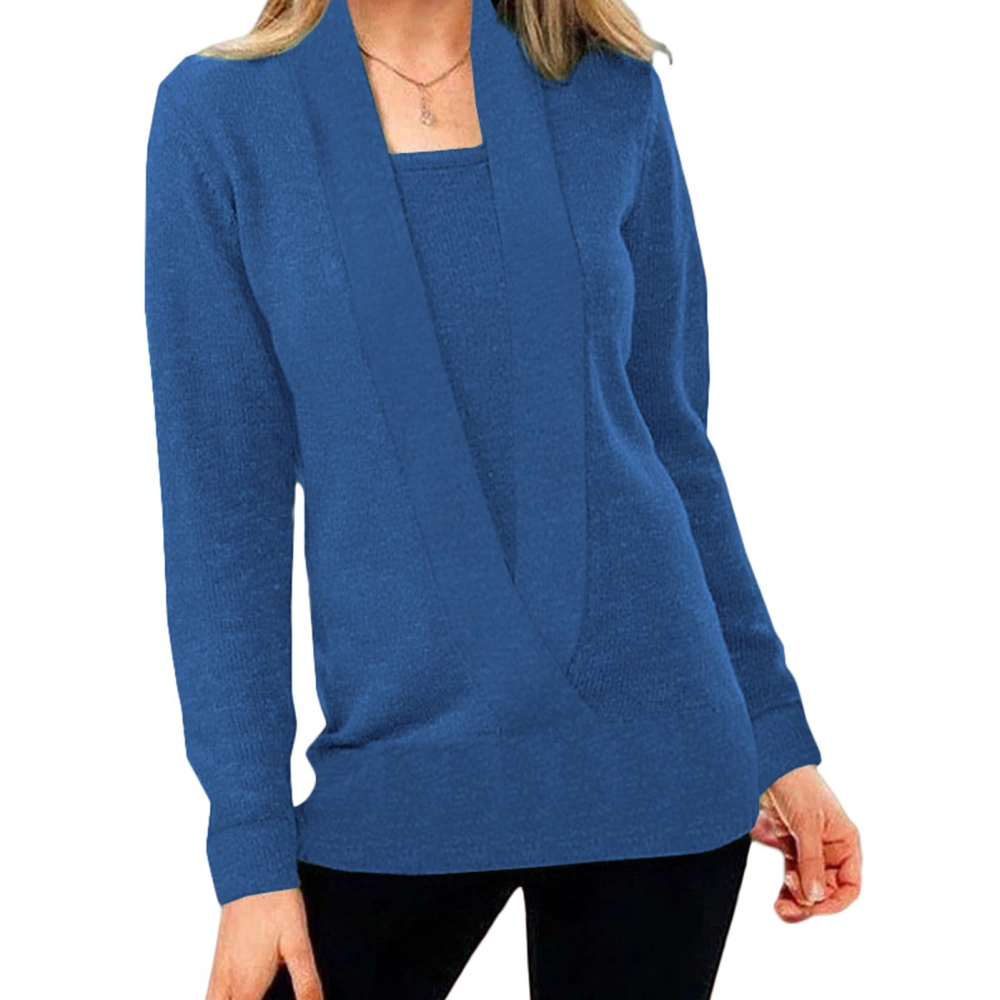 2 in 1 Long Sleeve Shirt Casual Pure Color Loose Soft Elegant Comfortable Pullover Blouse for Women Blue M