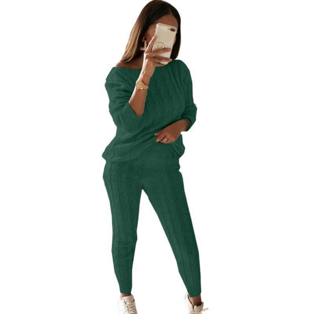 Women 2 Piece Outfits Sweater Sets Pure Color Long Sleeve Pullover Sweater Top and Elastic Long Pants for Fall Winter Green L