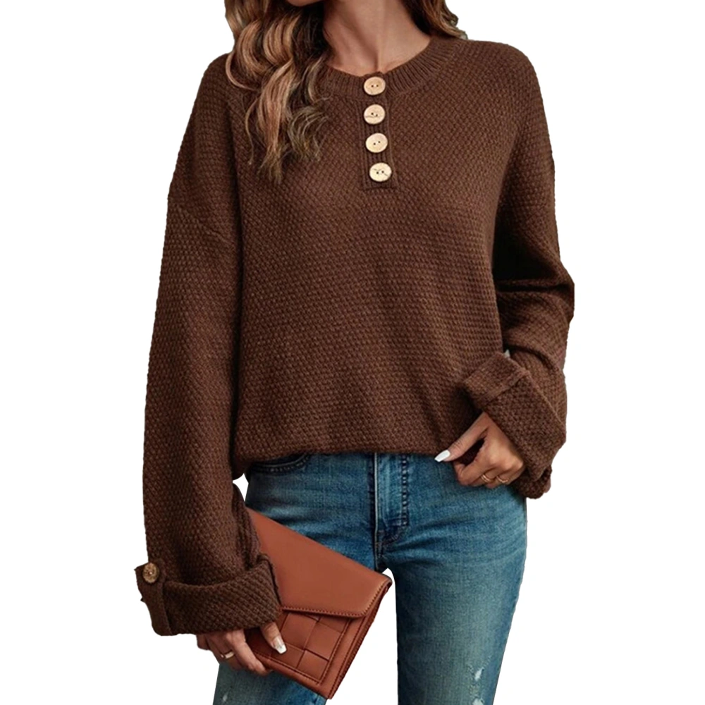 Sweater Button Collar Drop Shoulder Long Sleeves Solid Color Knit Comfortable Pullover Dark Brown XL