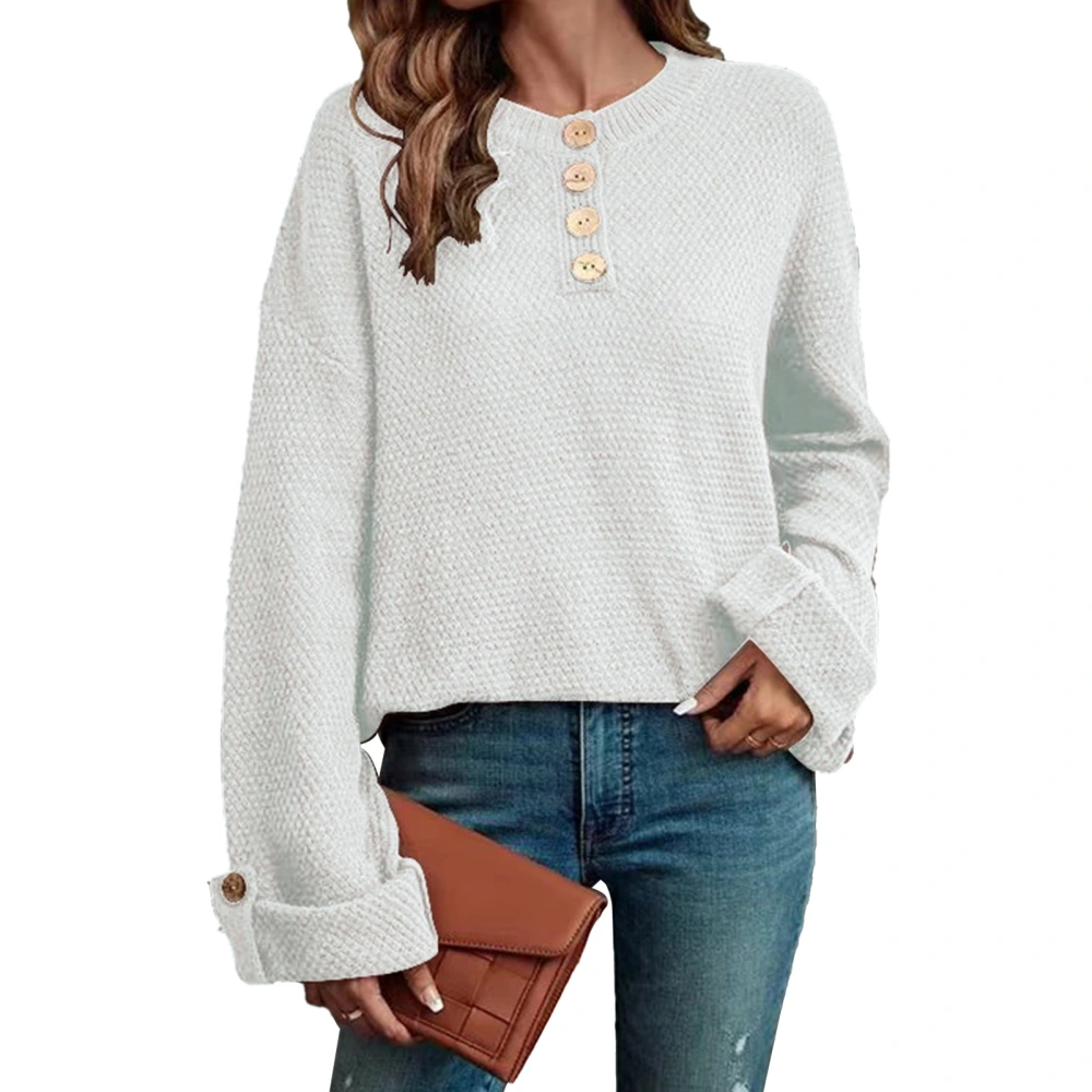 Sweater Button Collar Drop Shoulder Long Sleeves Solid Color Knit Comfortable Pullover White XXL