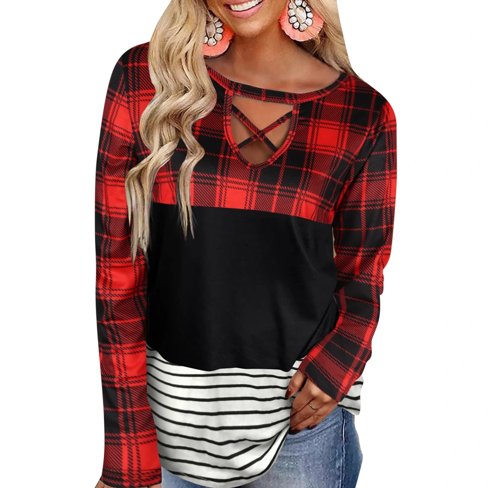 Women Long Sleeve Shirt Round Neck Cross Front Plaid Splicing Casual Lady Pullover Top for Autumn Christmas Black XXL