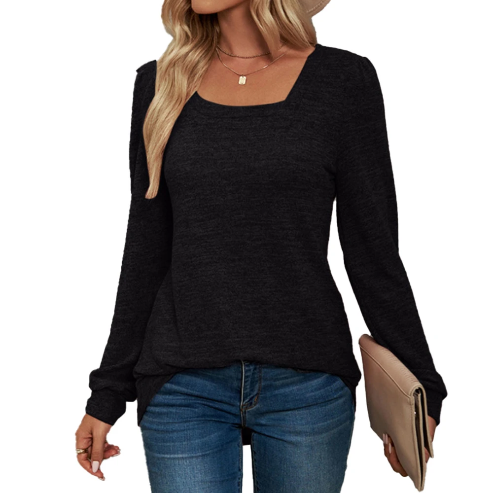 Puff Sleeve Top Casual Pure Color Fashion Soft Loose Long Sleeve Pullover Shirt for Women Black XL