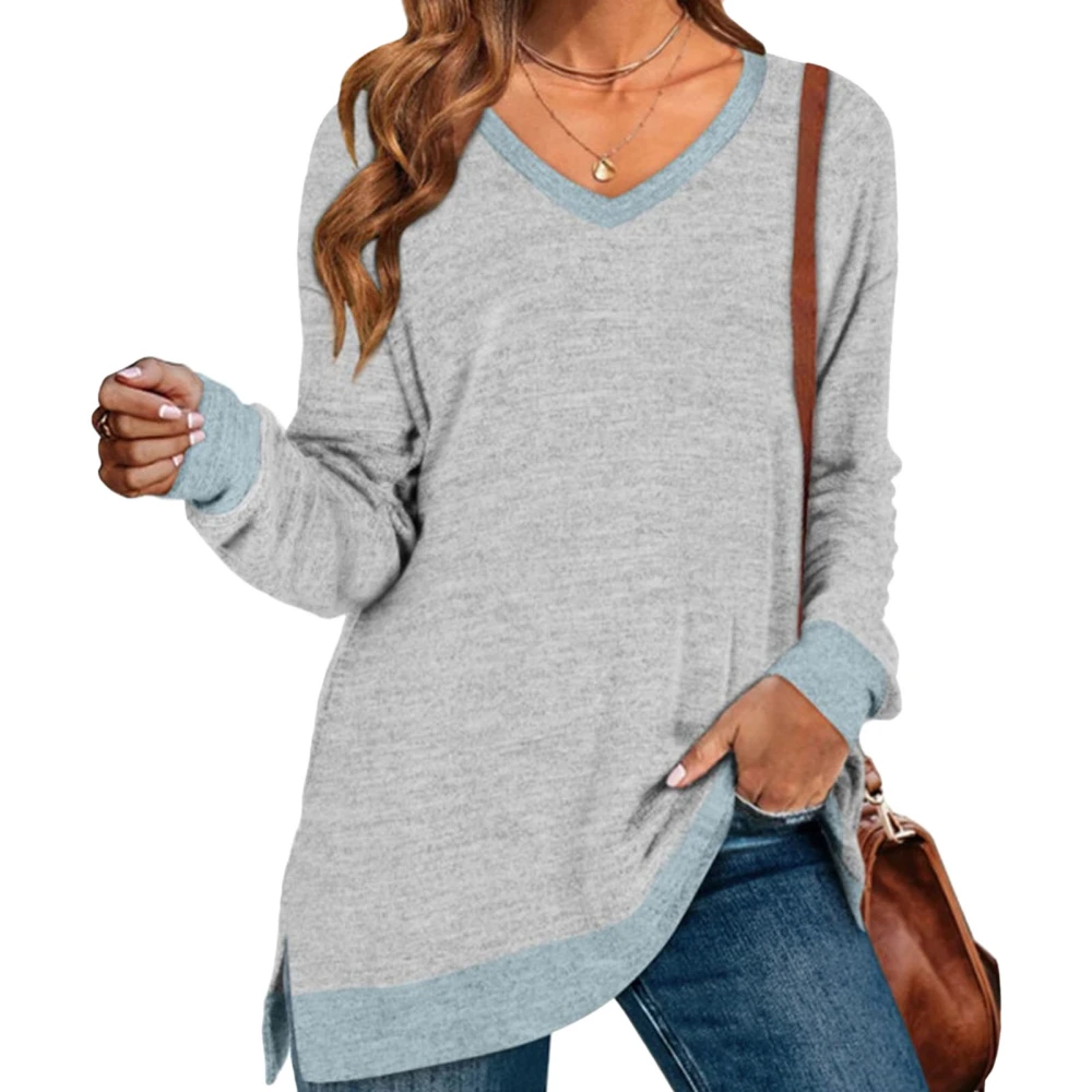 Split Color Block Shirt V Neck Long Sleeve Casual Loose Soft Side Split Pullover Shirt for Women Light Gray XXL