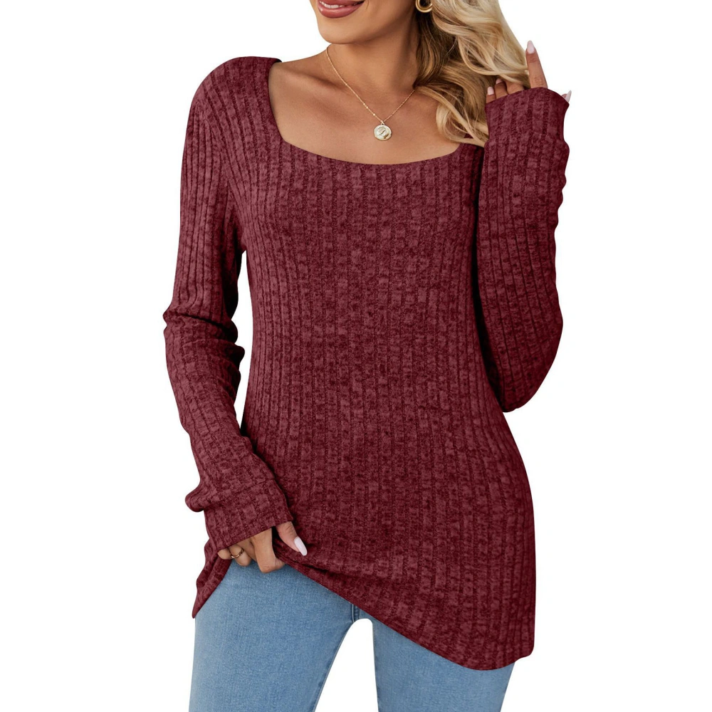 Women Top Ribbed Knit Long Sleeve Scoop Neck Stretchy Pure Color Pullover Tunic Top Wine Red S