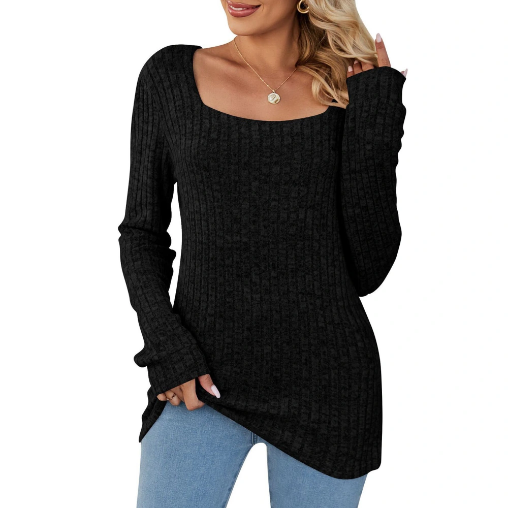 Women Top Ribbed Knit Long Sleeve Scoop Neck Stretchy Pure Color Pullover Tunic Top Black M