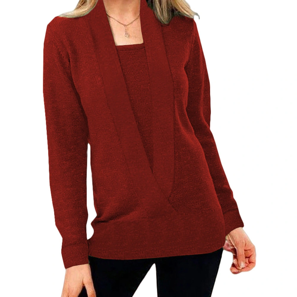 2 in 1 Long Sleeve Shirt Casual Pure Color Loose Soft Elegant Comfortable Pullover Blouse for Women Wine Red S