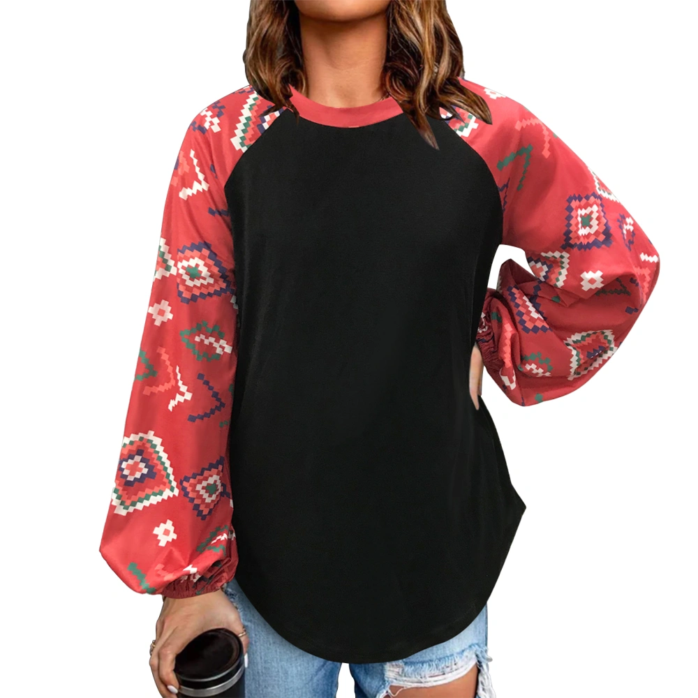 Women Sleeve Splicing Shirt Long Lantern Sleeve Round Neck Loose Women Christmas Shirt Blouse for Autumn Black L