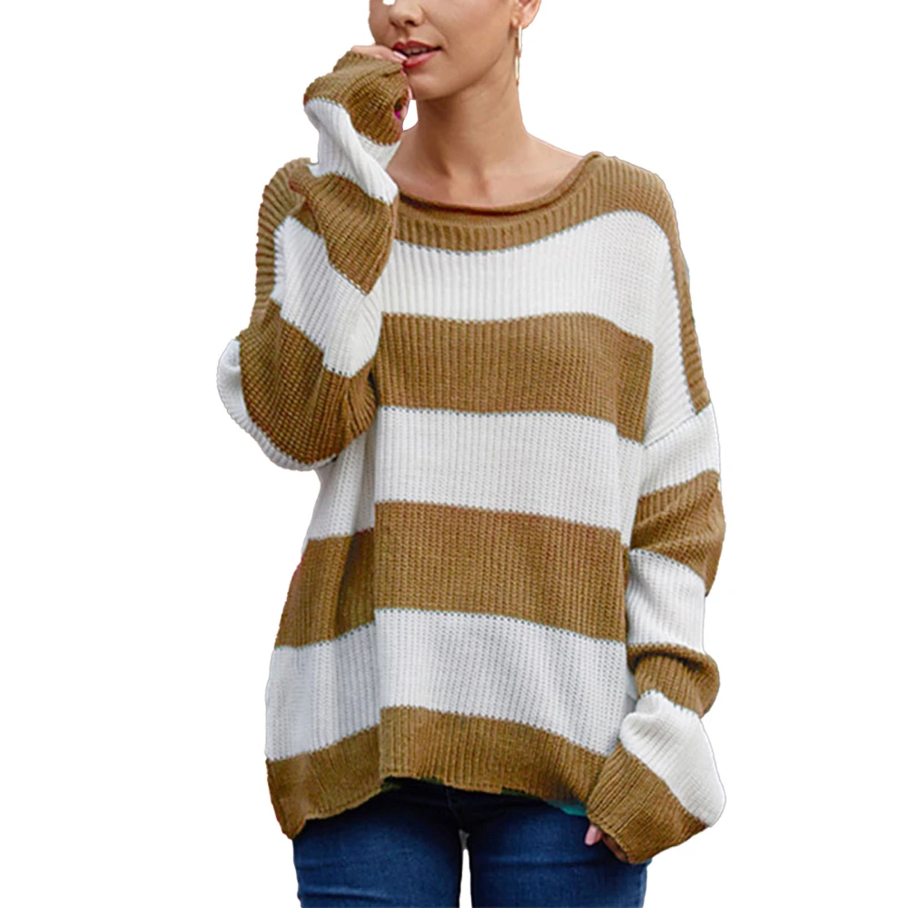 Women Sweater Round Neck Striped Splicing Long Sleeve Casual Lady Knit Pullover Top for Autumn Winter Khaki S