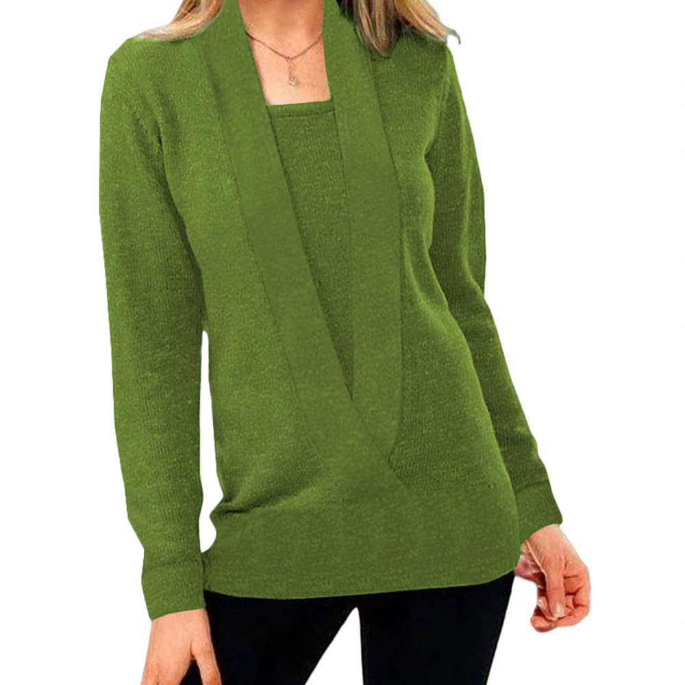 2 in 1 Long Sleeve Shirt Casual Pure Color Loose Soft Elegant Comfortable Pullover Blouse for Women Green XXL