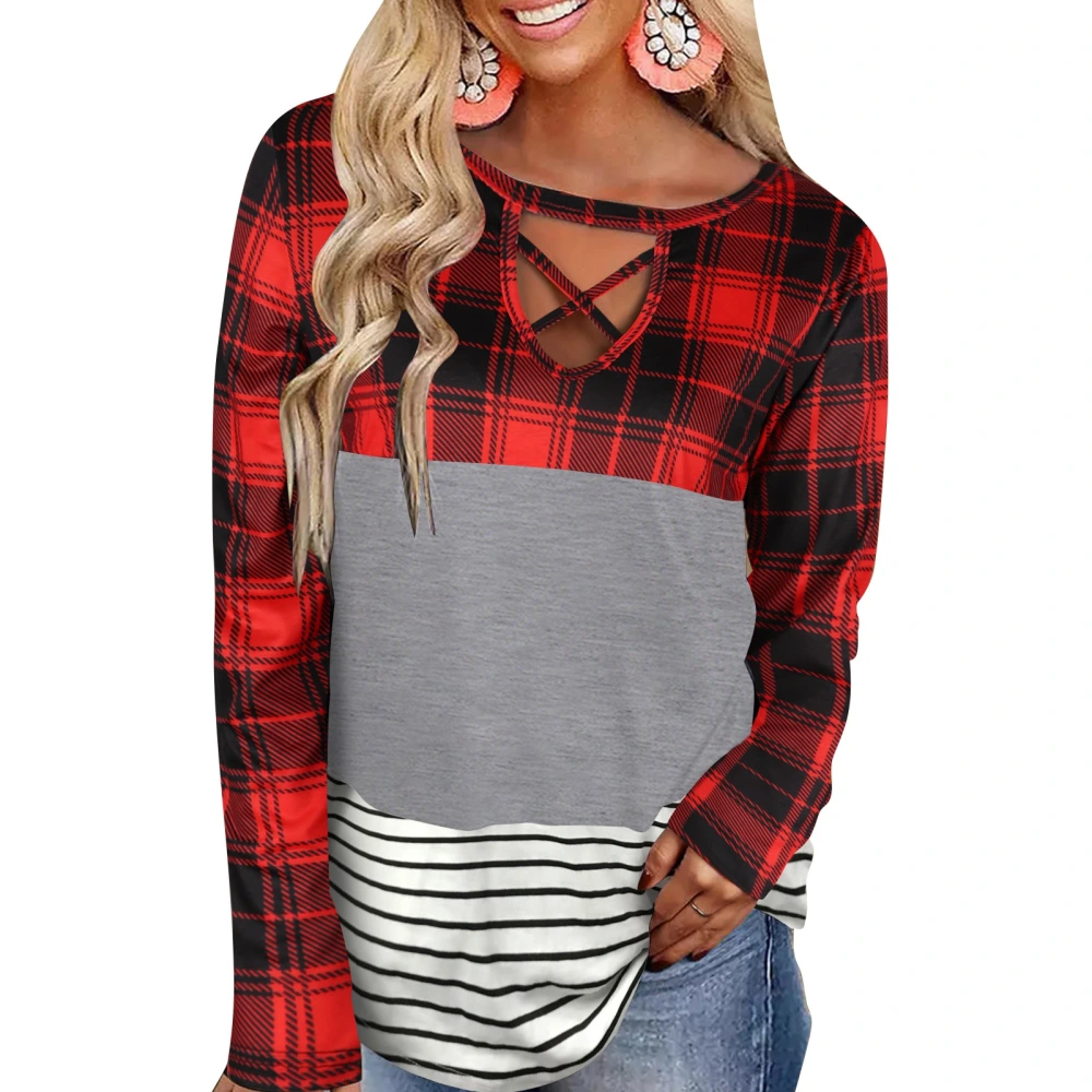 Women Long Sleeve Shirt Round Neck Cross Front Plaid Splicing Casual Lady Pullover Top for Autumn Christmas Gray M