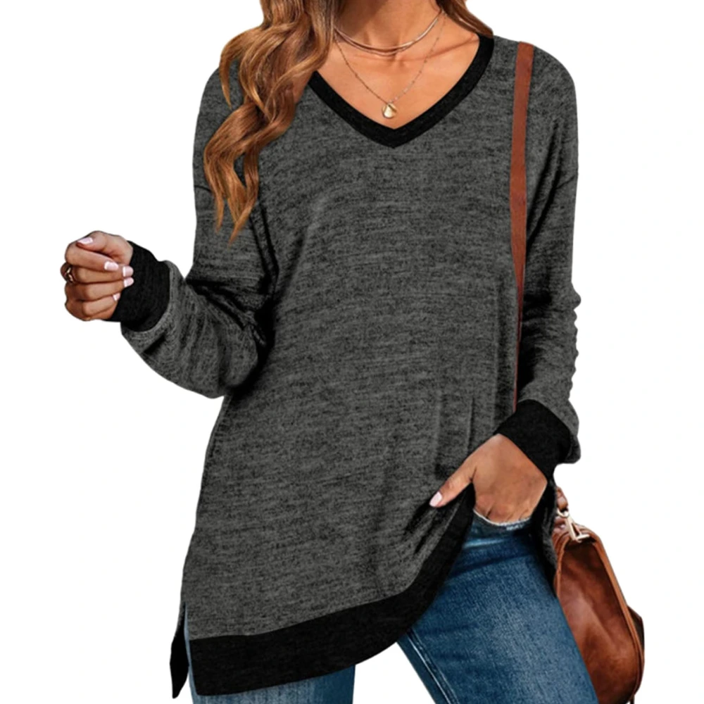 Split Color Block Shirt V Neck Long Sleeve Casual Loose Soft Side Split Pullover Shirt for Women Grey S