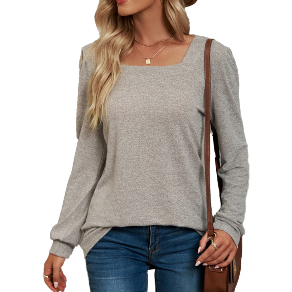 Puff Sleeve Top Casual Pure Color Fashion Soft Loose Long Sleeve Pullover Shirt for Women Khaki S