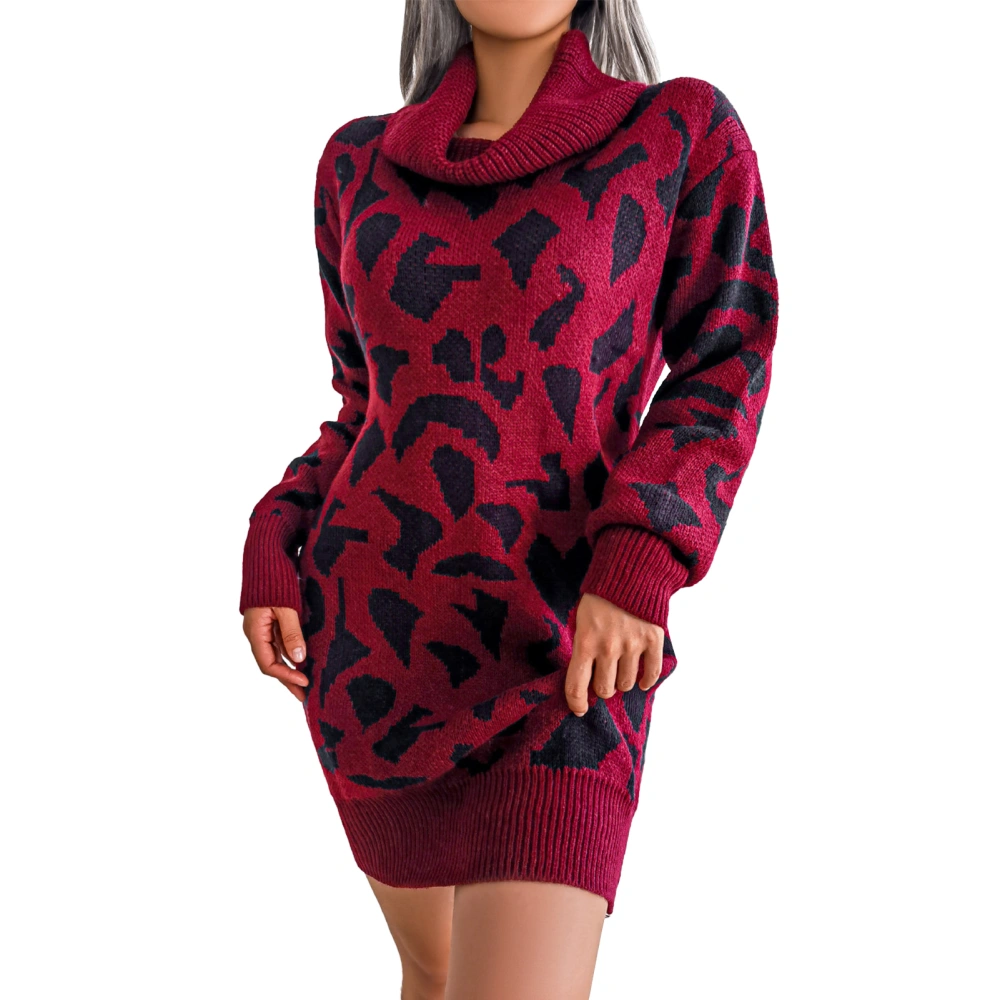 Sweater Dress High Neck Leopard Print Long Sleeves Bodycon Casual Knit Women Winter Dress Wine Red S