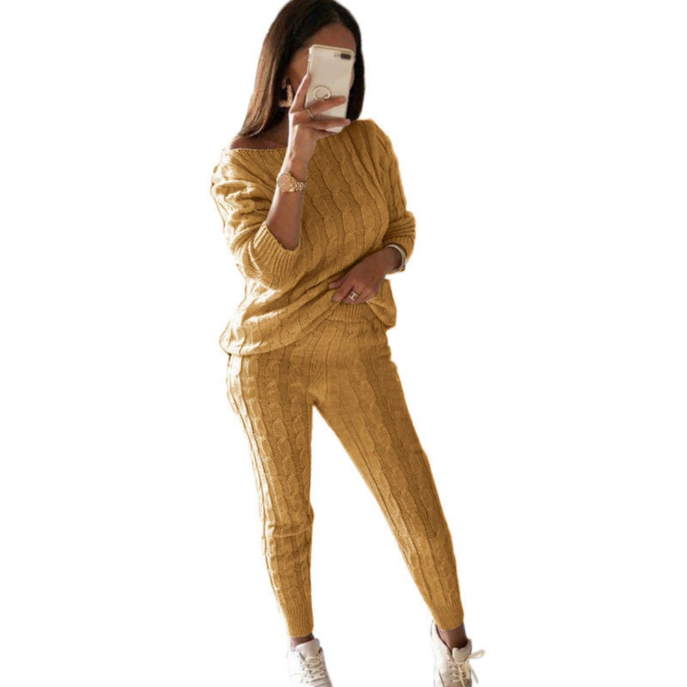 Women 2 Piece Outfits Sweater Sets Pure Color Long Sleeve Pullover Sweater Top and Elastic Long Pants for Fall Winter Ginger 3XL