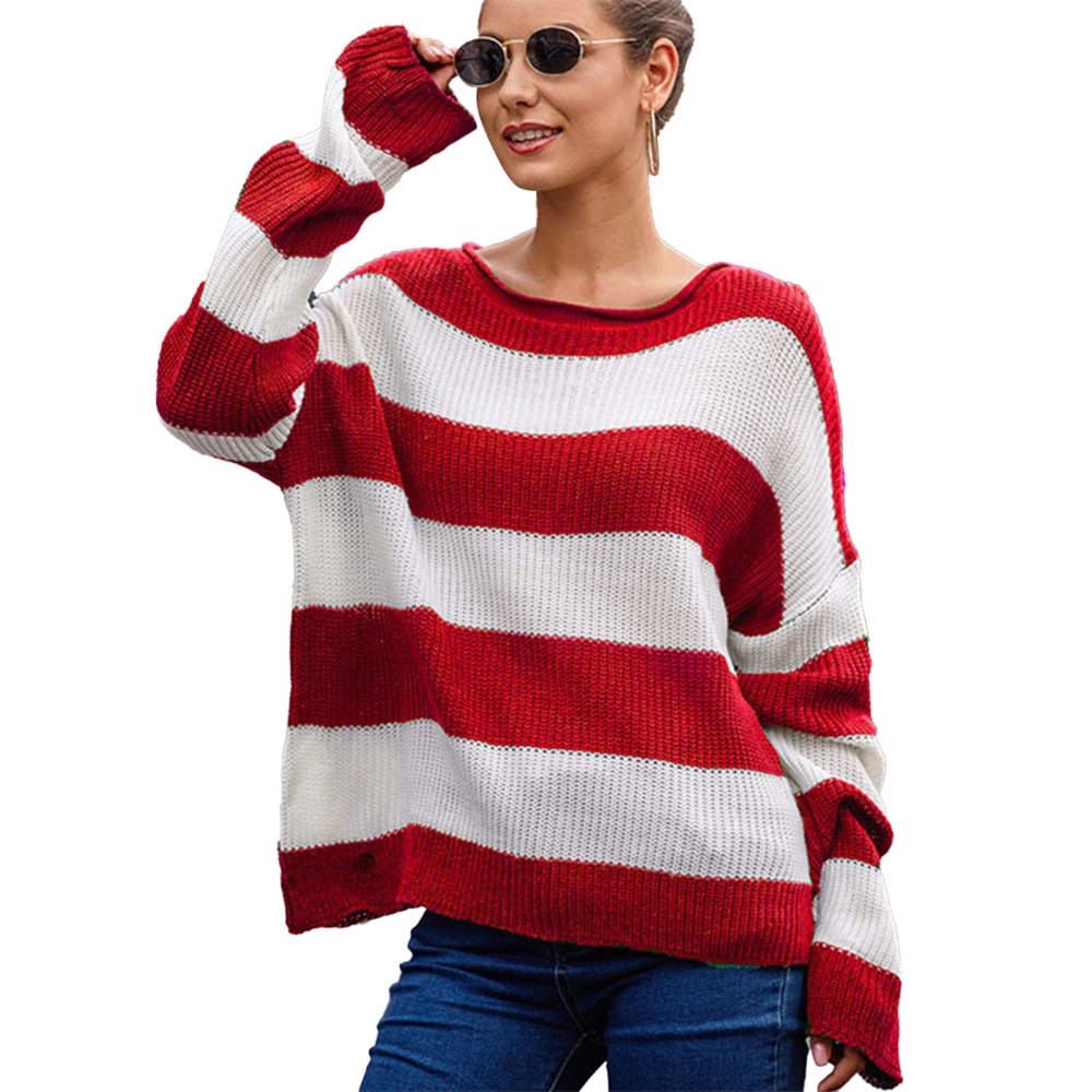 Women Sweater Round Neck Striped Splicing Long Sleeve Casual Lady Knit Pullover Top for Autumn Winter Red L