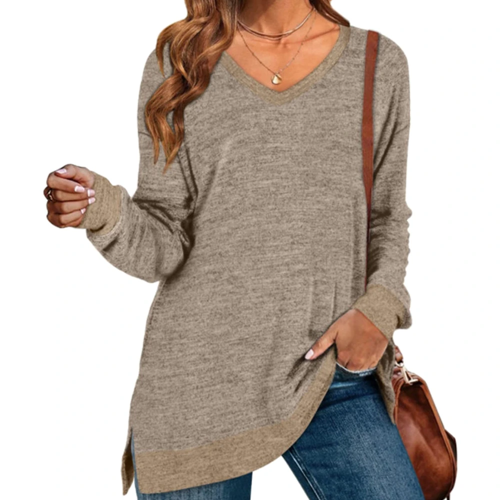 Split Color Block Shirt V Neck Long Sleeve Casual Loose Soft Side Split Pullover Shirt for Women Khaki M