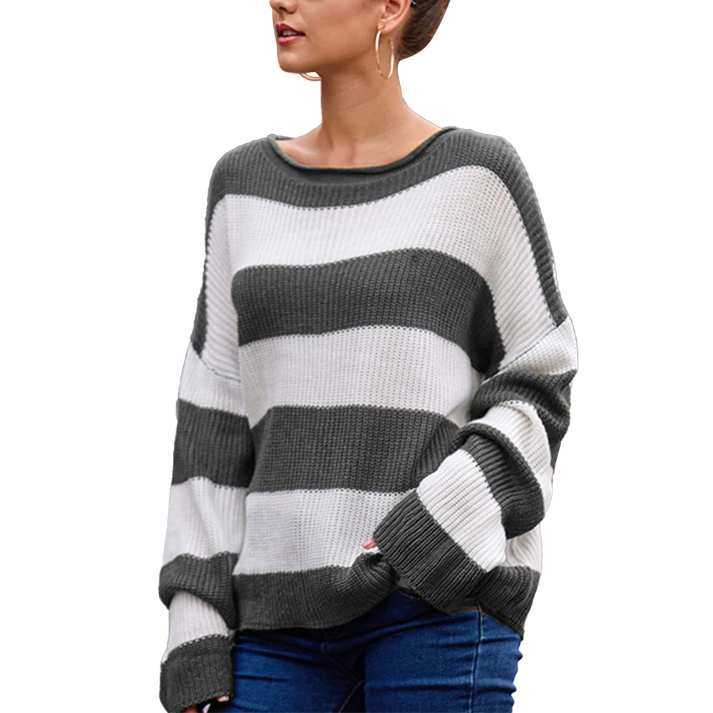 Women Sweater Round Neck Striped Splicing Long Sleeve Casual Lady Knit Pullover Top for Autumn Winter Gray S