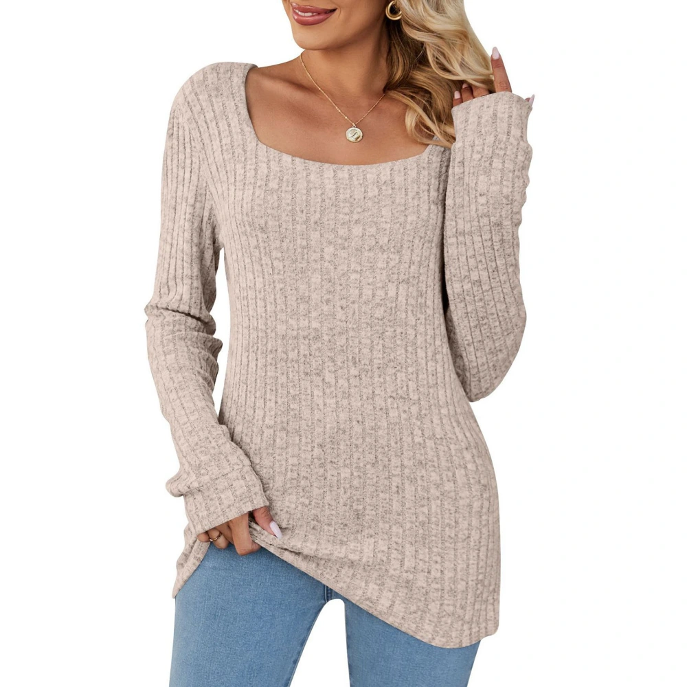 Women Top Ribbed Knit Long Sleeve Scoop Neck Stretchy Pure Color Pullover Tunic Top Oatmeal Color S