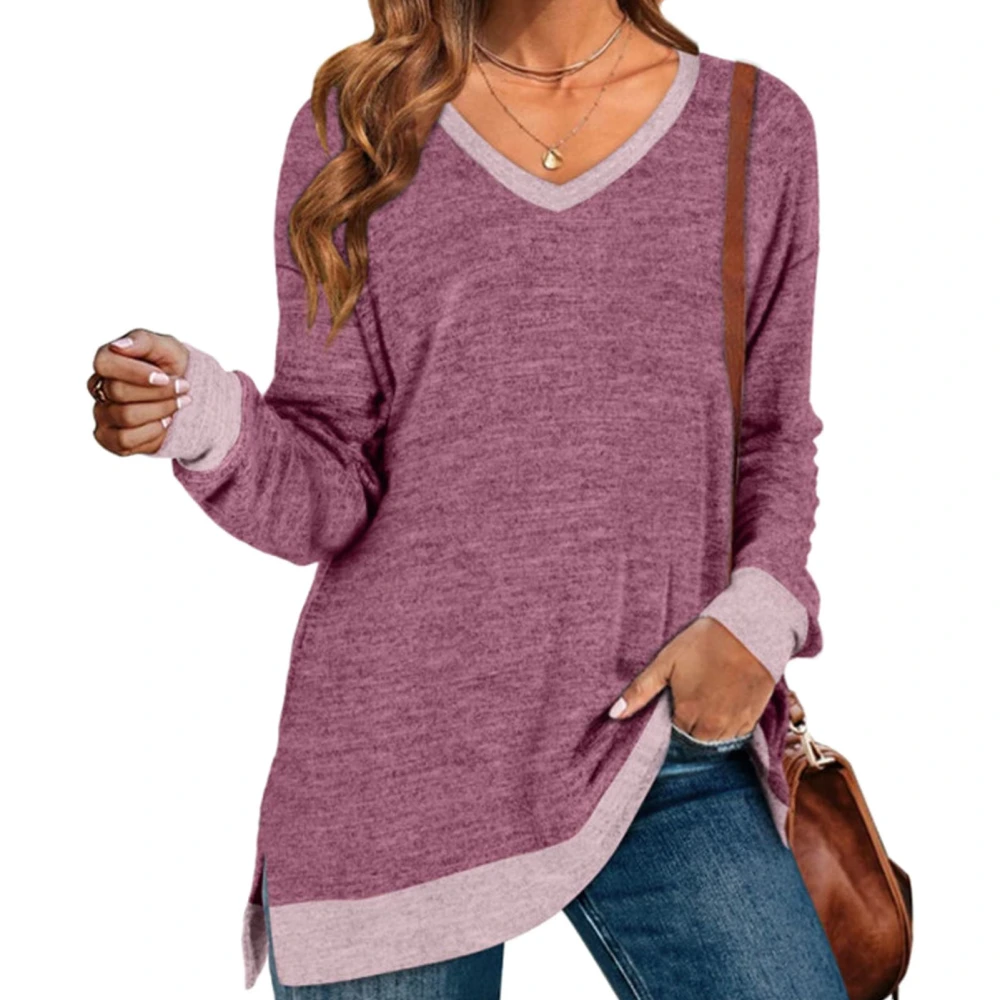 Split Color Block Shirt V Neck Long Sleeve Casual Loose Soft Side Split Pullover Shirt for Women Purple S