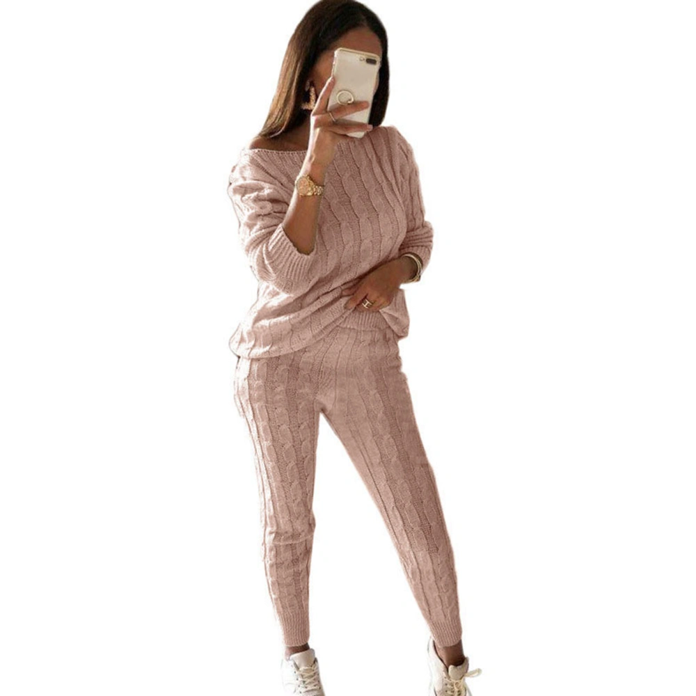 Women 2 Piece Outfits Sweater Sets Pure Color Long Sleeve Pullover Sweater Top and Elastic Long Pants for Fall Winter Pink XL