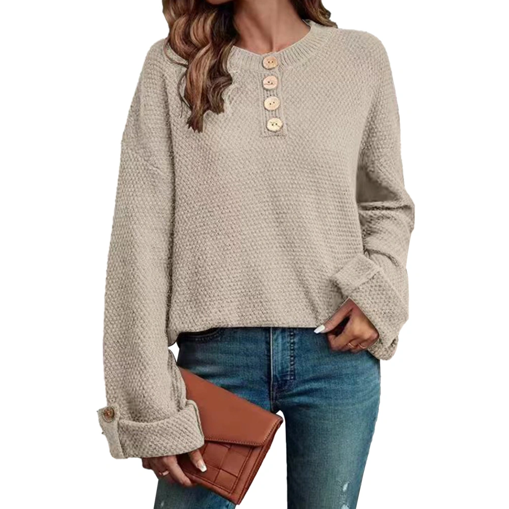 Sweater Button Collar Drop Shoulder Long Sleeves Solid Color Knit Comfortable Pullover Khaki S