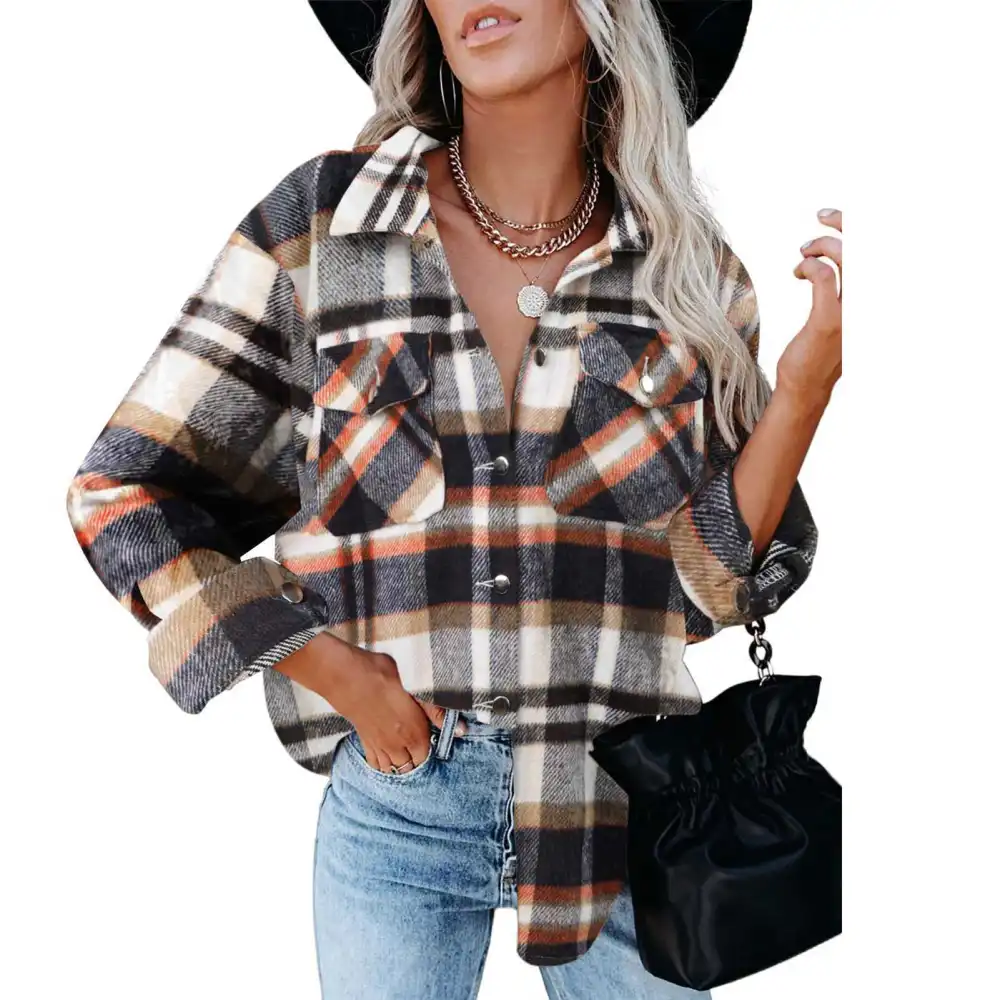 Women Long Sleeve Button Up Shirt Fashionable Casual Turn Down Collar Plaid Tops Blouse with Pocket Brown S