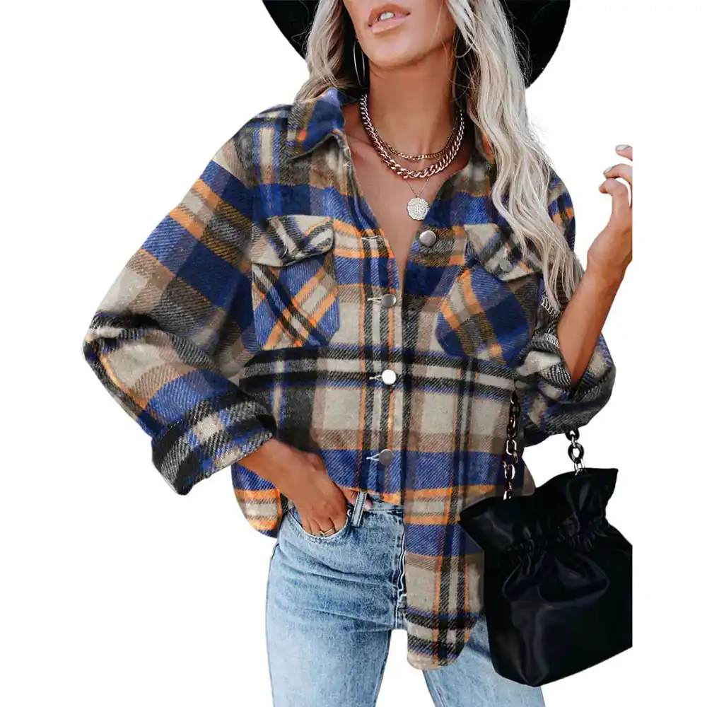 Women Long Sleeve Button Up Shirt Fashionable Casual Turn Down Collar Plaid Tops Blouse with Pocket Blue S