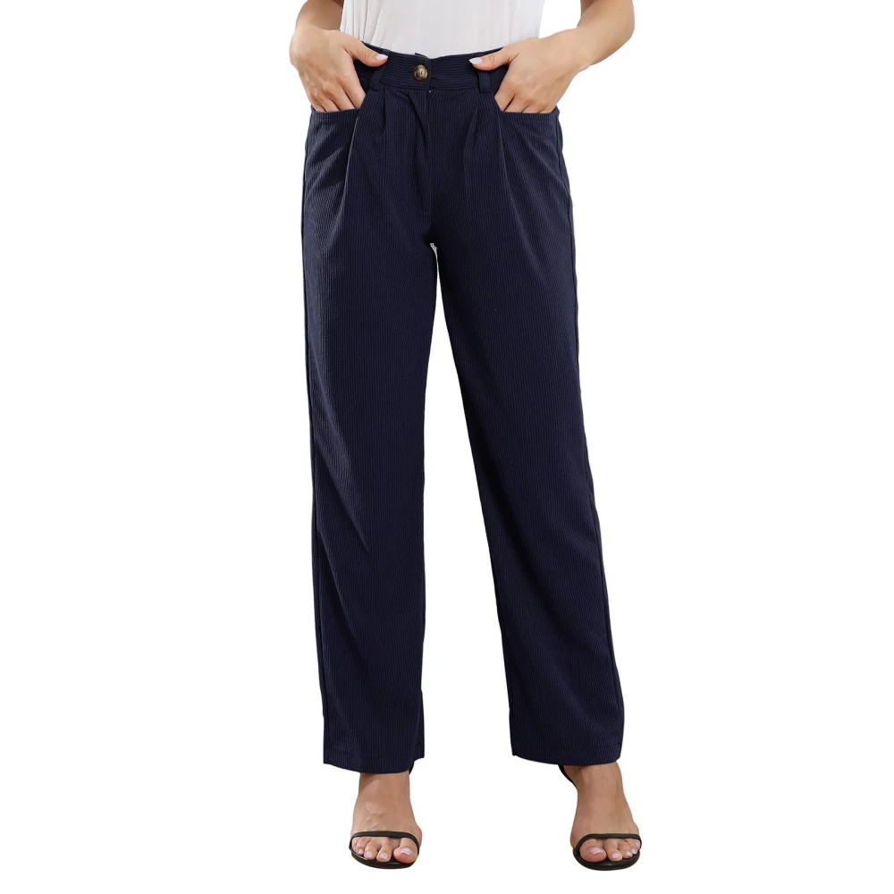 Women High Waisted Pants Loose Casual Elegant Pure Color Button Zip Closure Pants with Pocket Dark Blue M