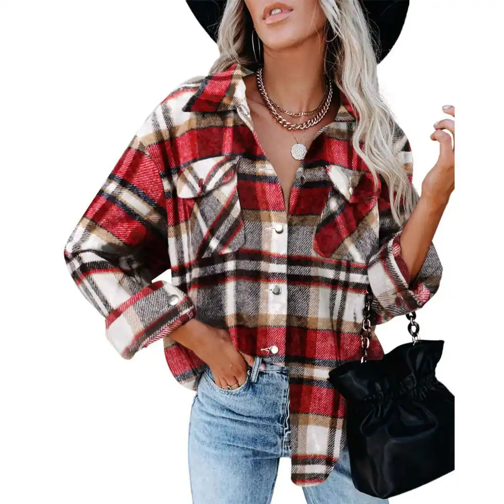 Women Long Sleeve Button Up Shirt Fashionable Casual Turn Down Collar Plaid Tops Blouse with Pocket Red M