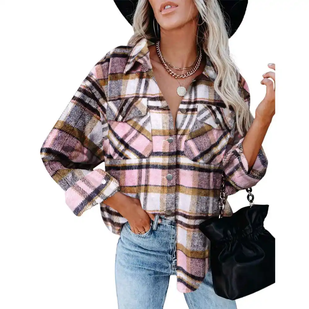 Women Long Sleeve Button Up Shirt Fashionable Casual Turn Down Collar Plaid Tops Blouse with Pocket Pink XL