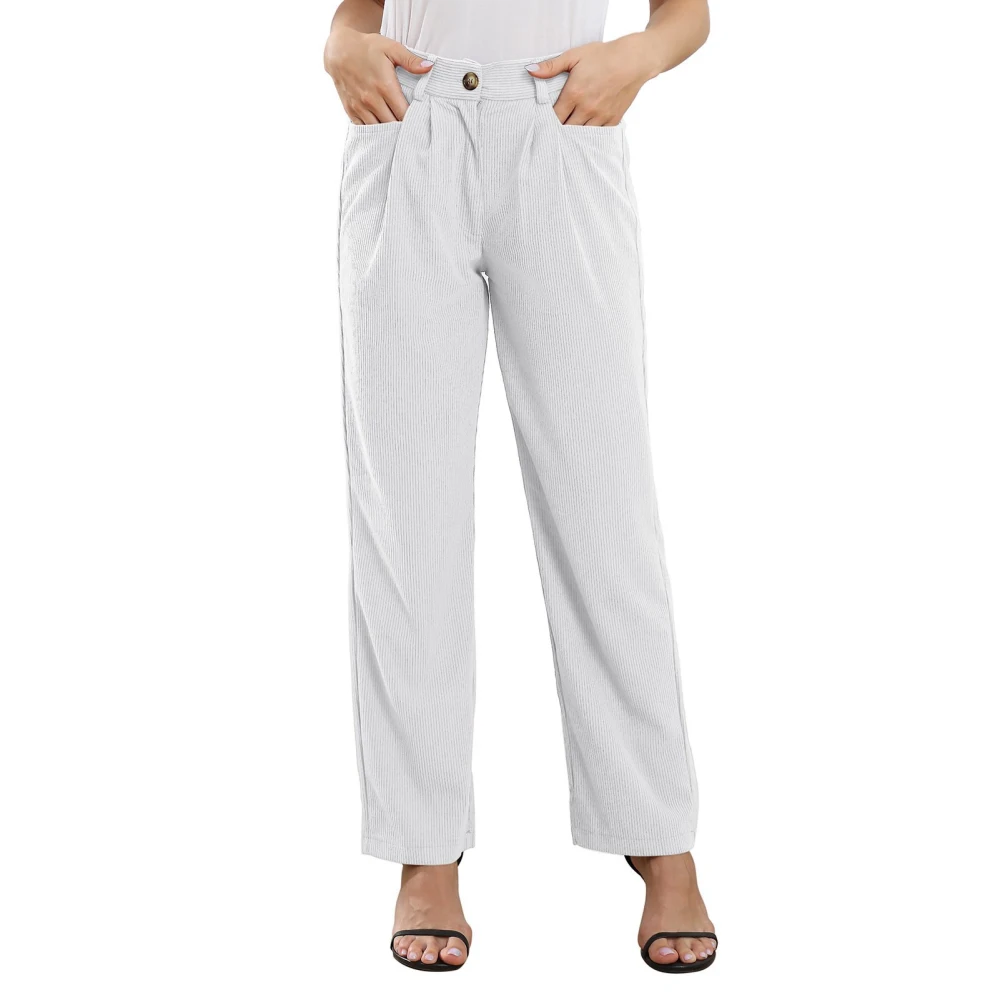 Women High Waisted Pants Loose Casual Elegant Pure Color Button Zip Closure Pants with Pocket White M