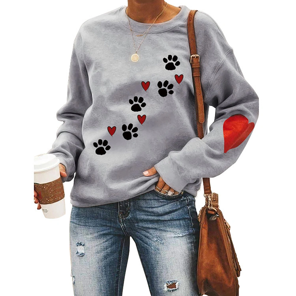 Women Top Loose Fashion Round Neck Long Sleeve Polyester Soft Breathable Machine Washable Clothing Gray(black Dog Paw Print) S