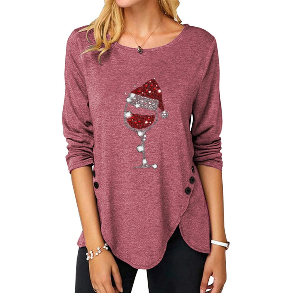 Womens Long Sleeve Shirt Christmas Red Wine Glass Print Irregular Buttons Round Neck Long Sleeve Top Brick Red M