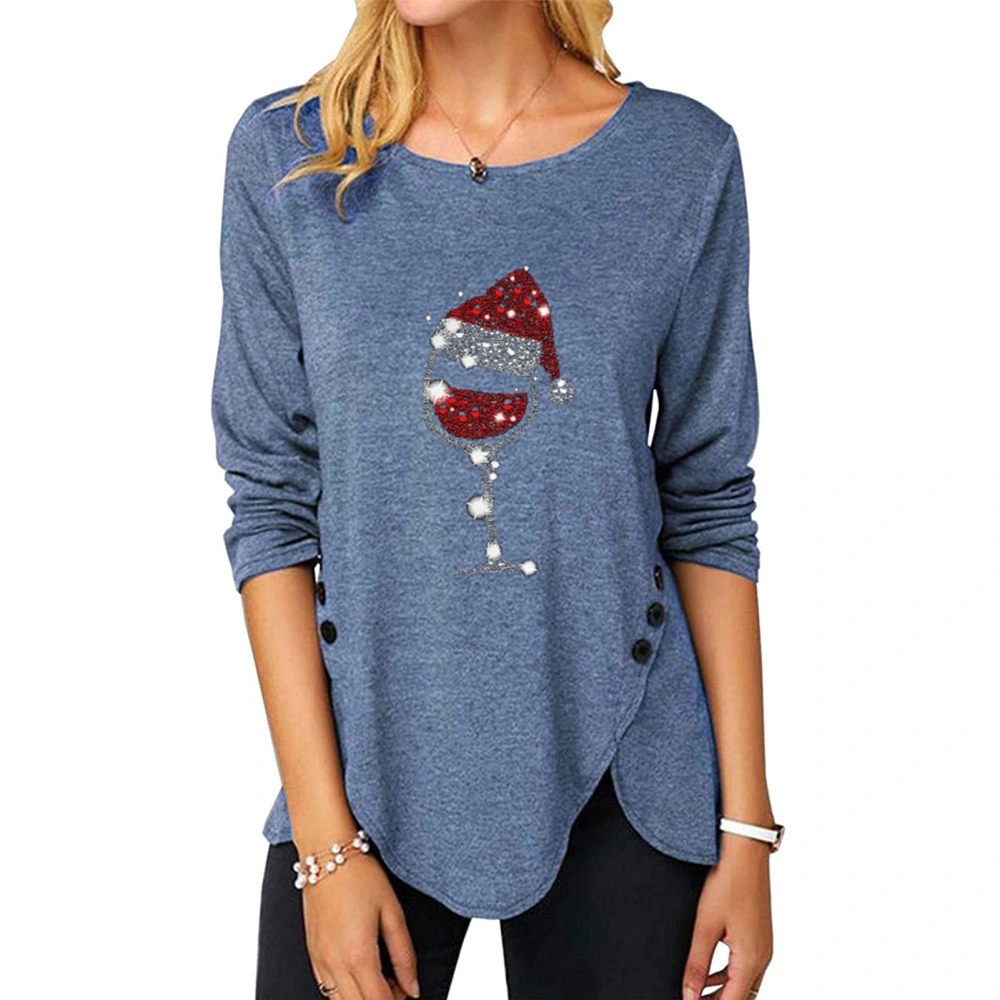 Womens Long Sleeve Shirt Christmas Red Wine Glass Print Irregular Buttons Round Neck Long Sleeve Top Blue L