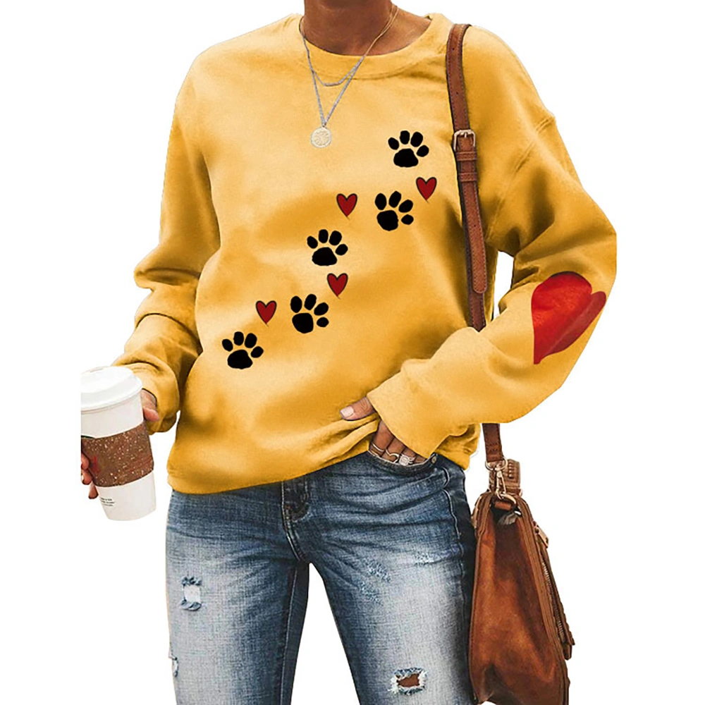 Women Top Loose Fashion Round Neck Long Sleeve Polyester Soft Breathable Machine Washable Clothing Yellow(black Dog Paw Print) XL