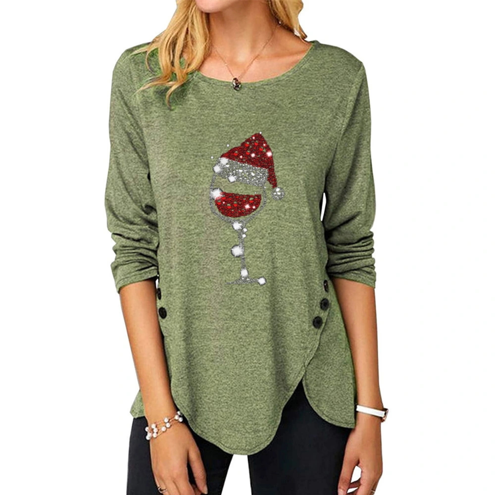 Womens Long Sleeve Shirt Christmas Red Wine Glass Print Irregular Buttons Round Neck Long Sleeve Top Green L